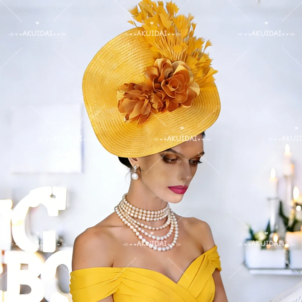 Duży kapelusz fascinator na Derby, damski kapelusz typu pillbox na Royal Ascot, kapelusz ślubny, żółty kapelusz z kwiatami, ozdoba na głowę z piórami, kapelusze na imprezę