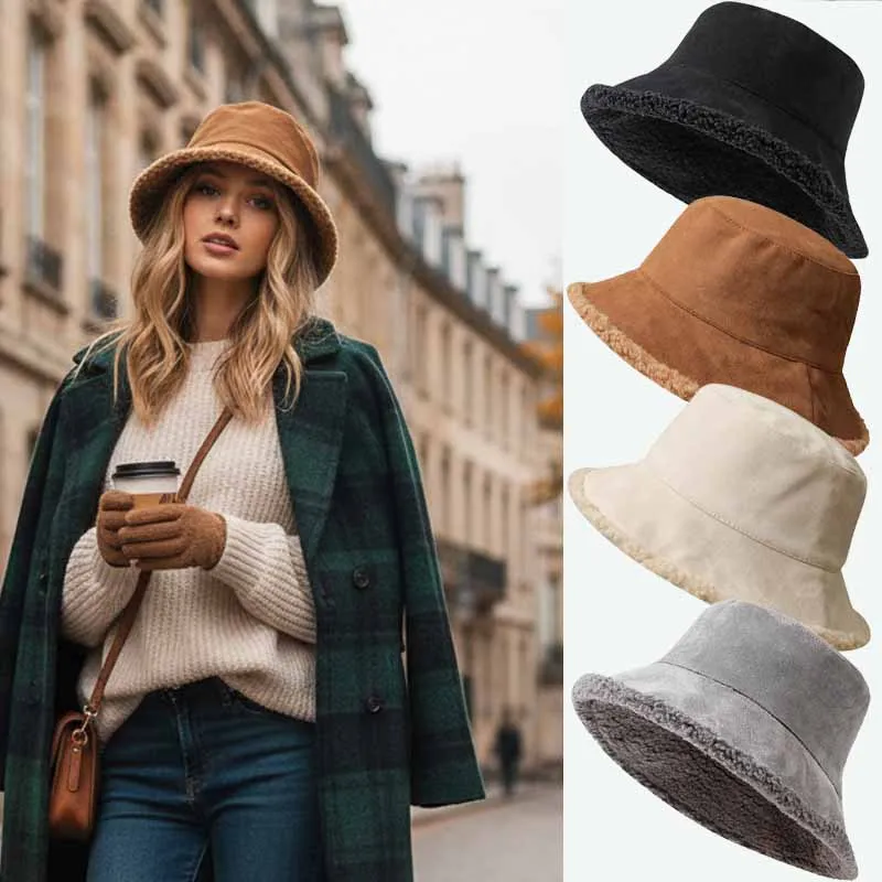 Dwustronny japoński kapelusz typu bucket hat damski na jesień/zimę, ciepły i chroniący przed zimnem, z osłoną na twarz, pogrubiony, z imitacji pluszu jagnięcego