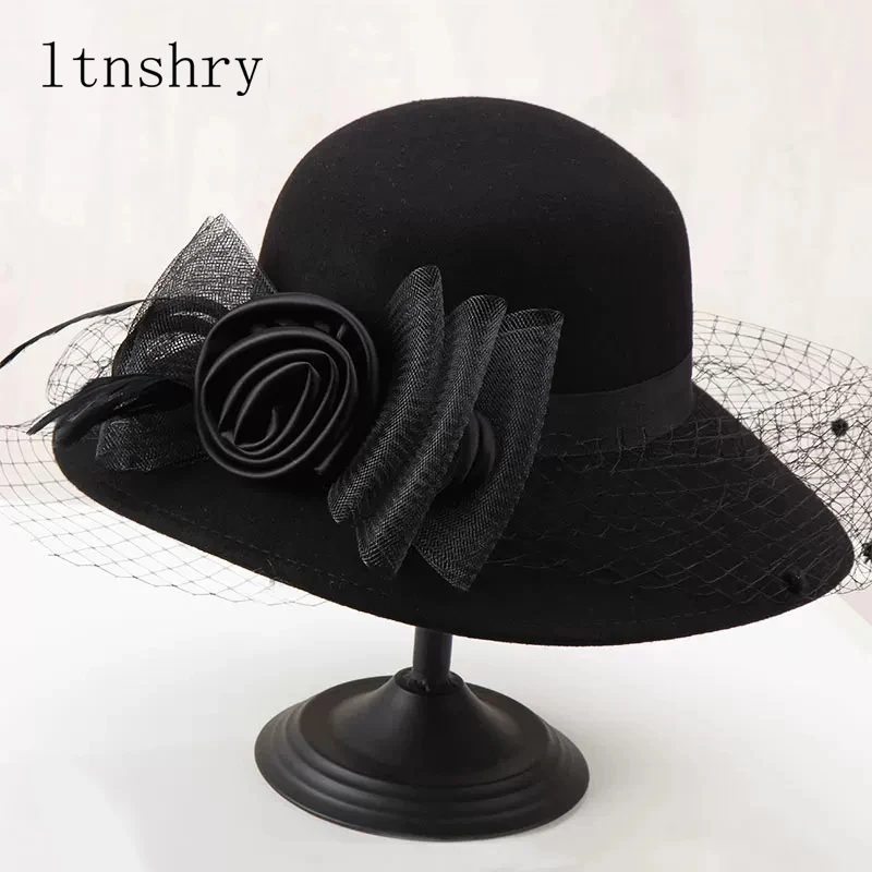 Elegancki damski kapelusz fedora z wełny filcowej z szerokim rondem, melonik, kapelusz typu cloche, jesienno-zimowy kapelusz do kościoła, chapeau femme, czapki, bordowy, czarny