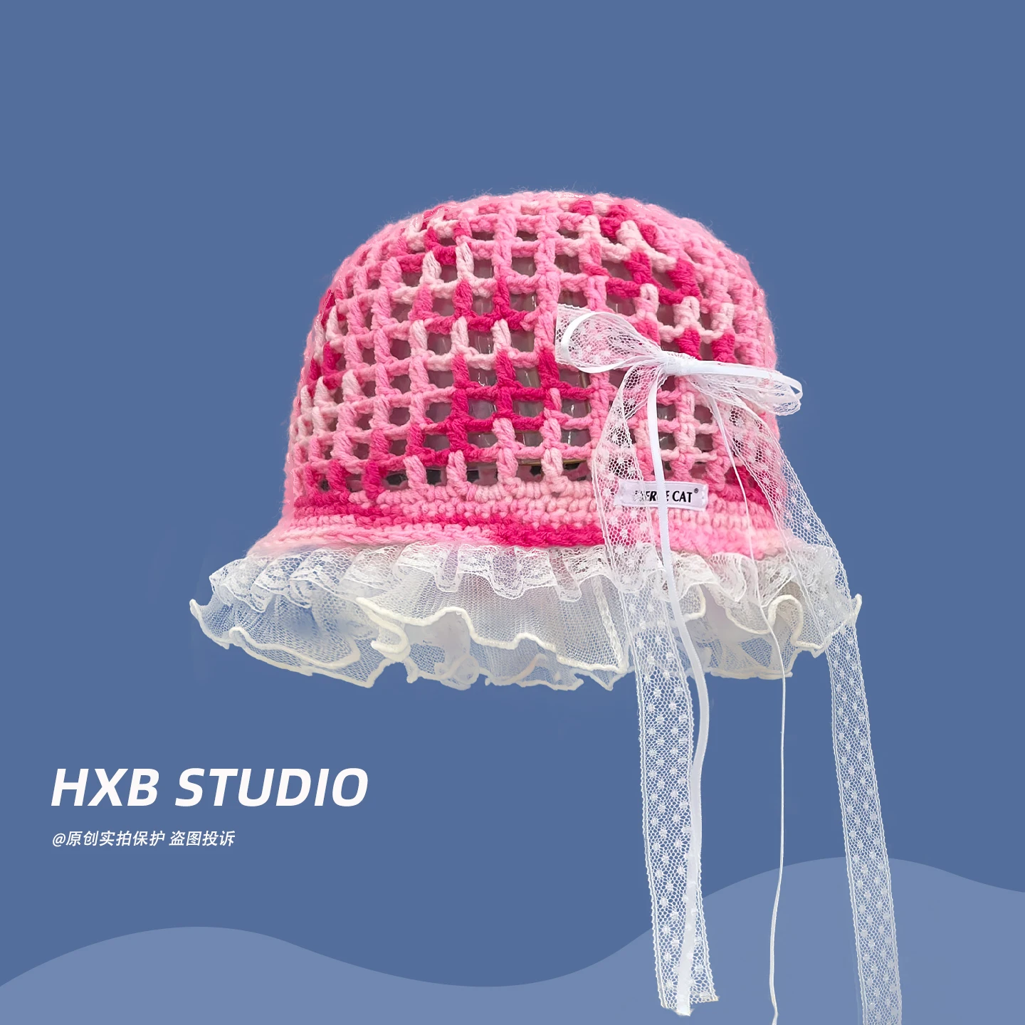 Hand-woven Lace Bow Streamer Knitted Pullover Bucket Hat Women’s Summer Hollow Breathable Lace Sweet Headhat