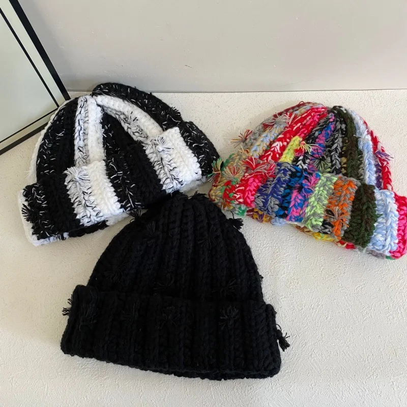 Japońska, ręcznie robiona na szydełku, kolorowa, w paski dziergana czapka typu beanie dla kobiet i mężczyzn, jesienno-zimowa, modna, ciepła czapka skull beanie