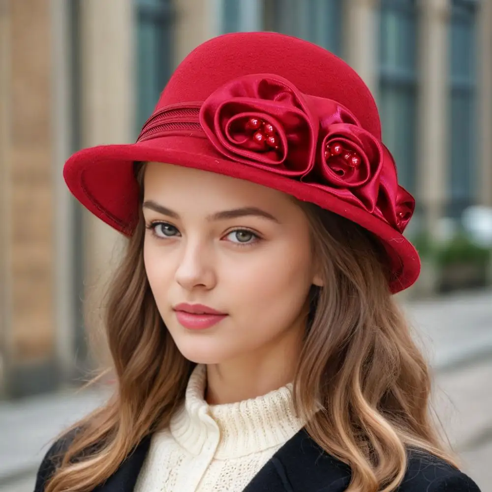 Jesienno-zimowy nowy wełniany cylinder, damski kapelusz rybaka w stylu brytyjskim Hepburn, kwiat róży, elegancki i modny, wszechstronny Jesienno-zimowy nowy wełniany cylinder, damski kapelusz rybaka w stylu brytyjskim Hepburn, kwiat róży, elegancki i modny, wszechstronny