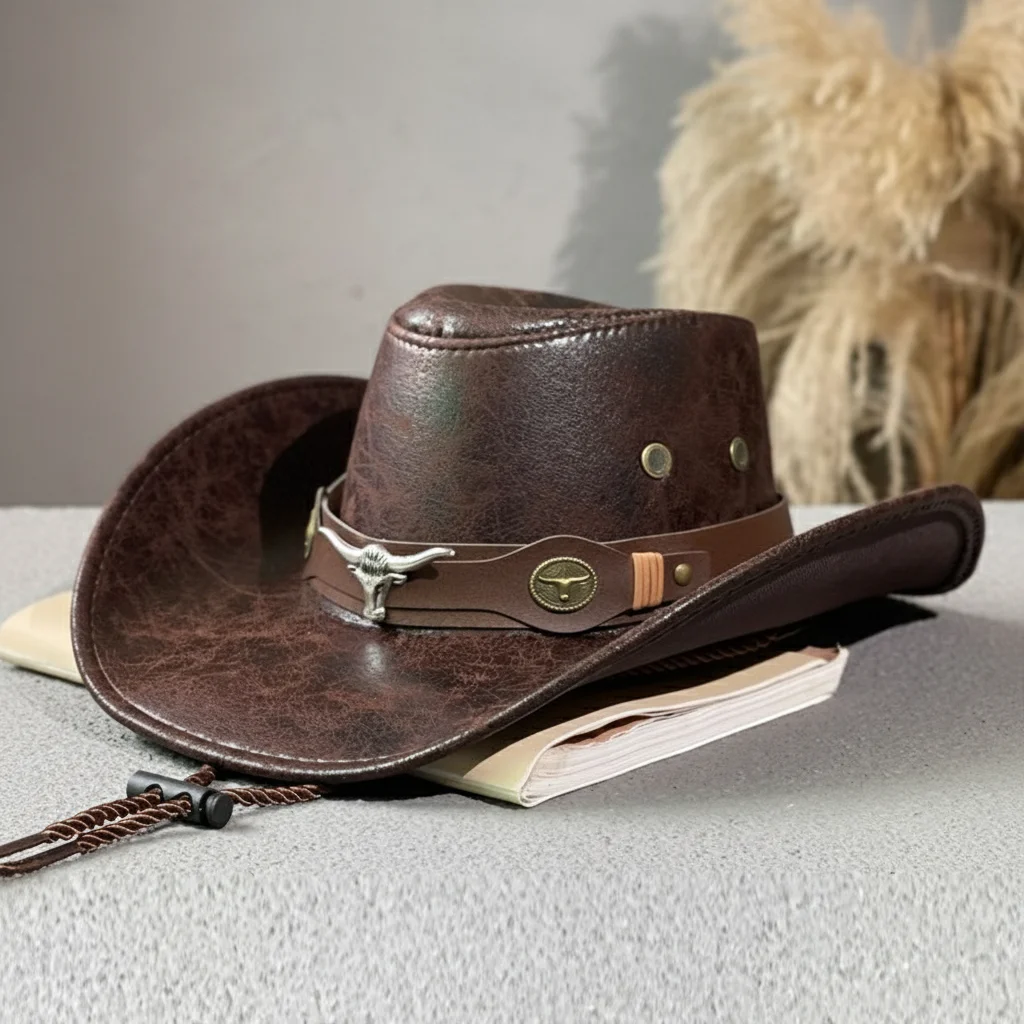 Kapelusz kowbojski unisex w stylu retro z pękniętym wzorem głowy byka, płaski, chroniący przed słońcem, idealny do aktywności na świeżym powietrzu