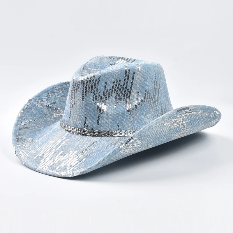 Kapelusz kowbojski w stylu western, sprany denim, kapelusz jazzowy dla kobiet, odpowiedni do codziennego noszenia, na imprezy westernowe, wieczory weselne, taneczne