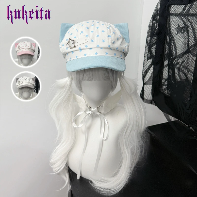 Kukrita Harajuku Y2K Niebiesko-Biała Czapka z Kocimi Uszami w Stylu Japońskim Kawaii Beret Damski Dziewczęcy Modny Streetwear Urocza Czapka Newsboy