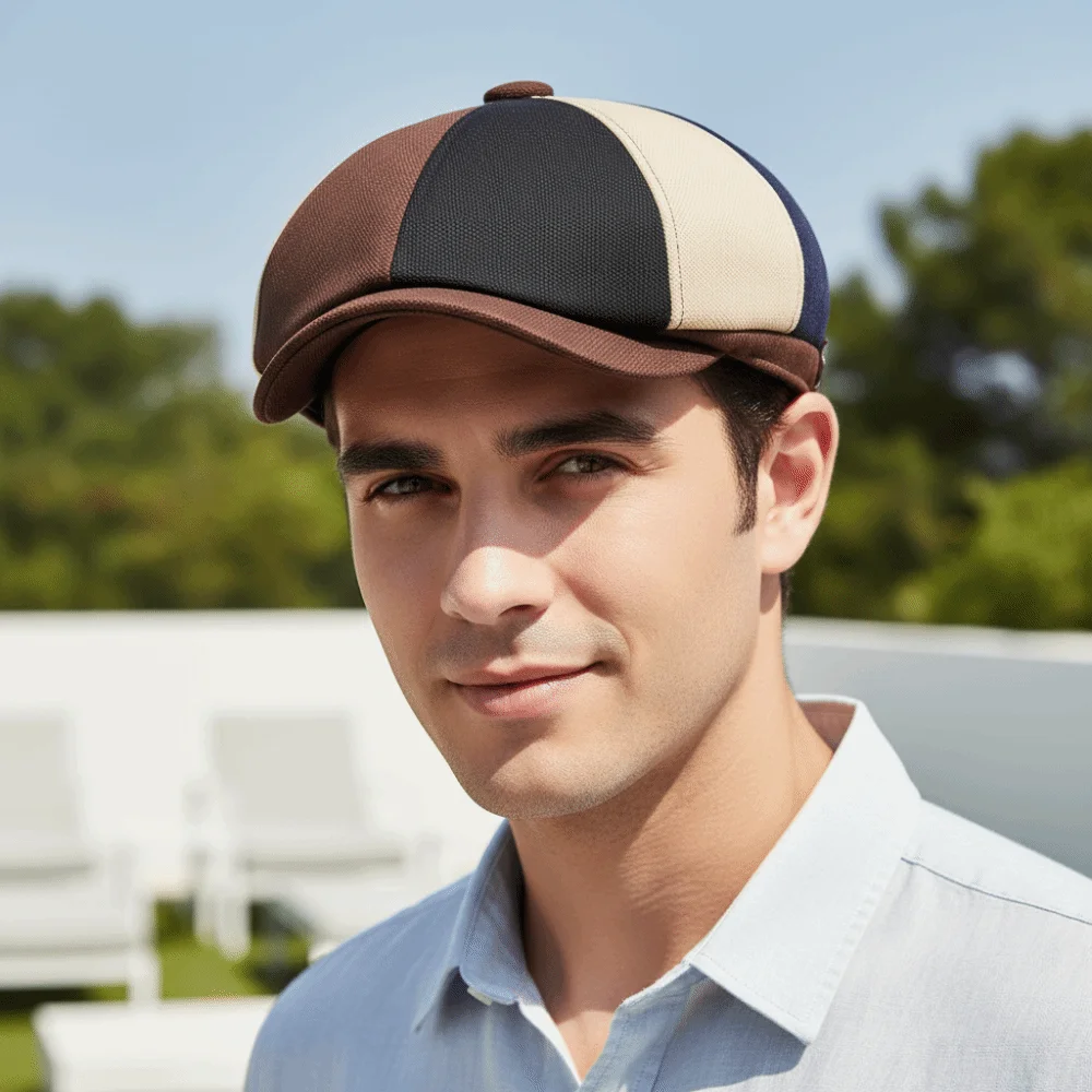 Lekka czapka typu newsboy z patchworkiem, wielopanelowe szwy, krótki, zakrzywiony daszek, kolorowy design, płaska czapka, miękka, trudnoodkształcalna korona Lekka czapka typu newsboy z patchworkiem, wielopanelowe szwy, krótki, zakrzywiony daszek, kolorowy design, płaska czapka, miękka, trudnoodkształcalna korona