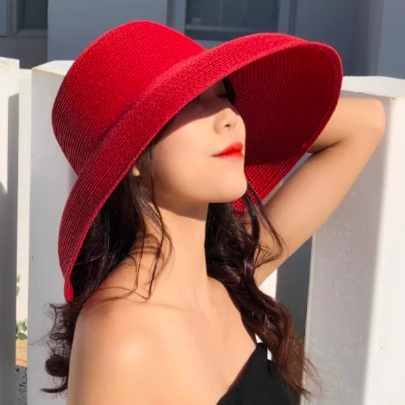 Letni Kapelusz Słomkowy w Stylu Hepburn Vintage z Dużymi Rondami Damski Dziewczęcy Jednolity Kolor Plażowy Wakacyjny Duży Kapelusz Przeciwsłoneczny Gorra