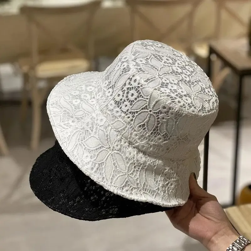 Letni koronkowy kapelusz typu Bucket damskie plażowe kapelusze przeciwsłoneczne nadmorskie Vintage eleganckie czapki oddychająca czapka rybaka