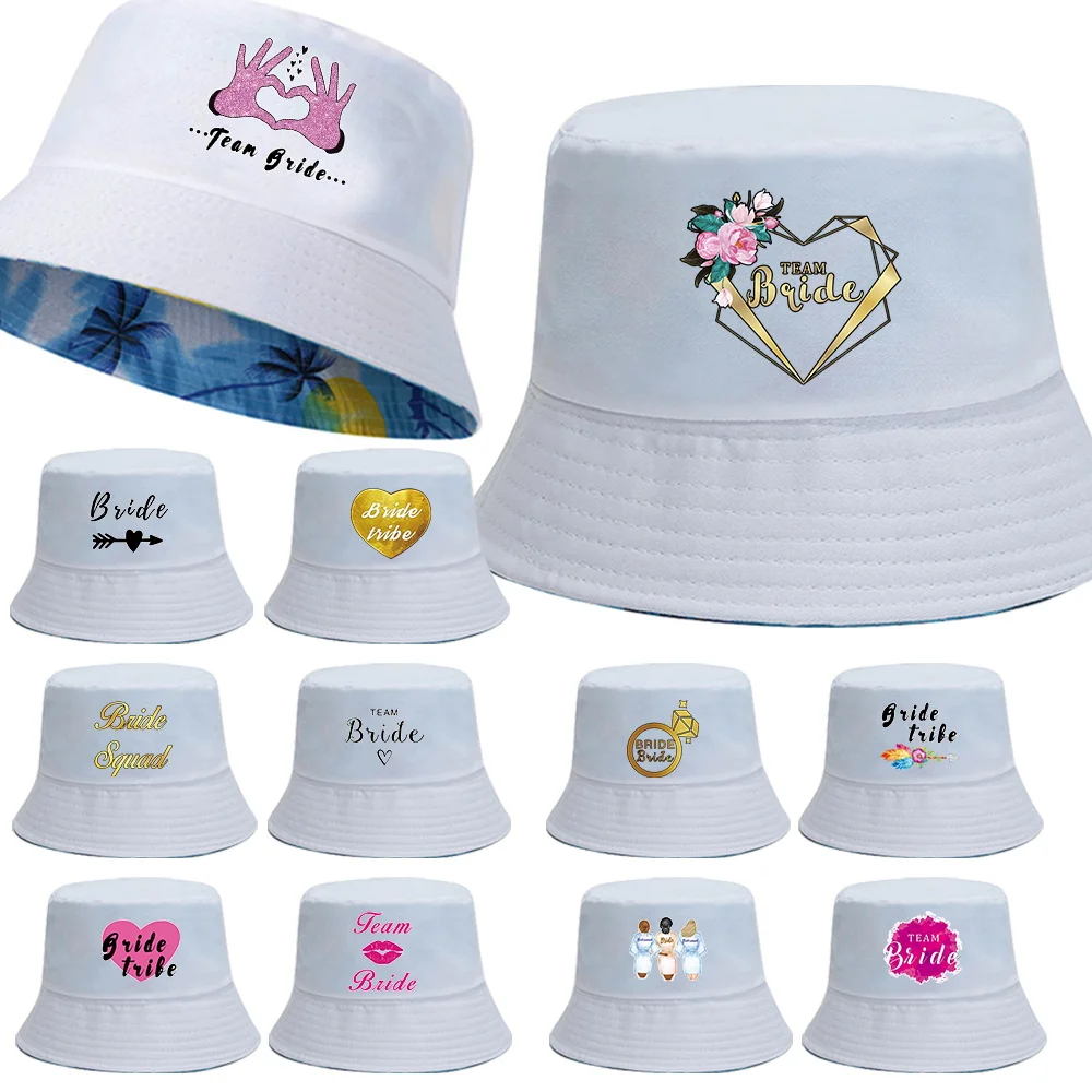Letni Unisex Kapelusz typu Bucket Damski Męski Bawełniany Dwustronny Prosty Kapelusz Bob Hip Hop z Nadrukiem Panny Młodej Modny Panama Plażowy Kapelusz Wędkarski Ochronny Przed Słońcem
