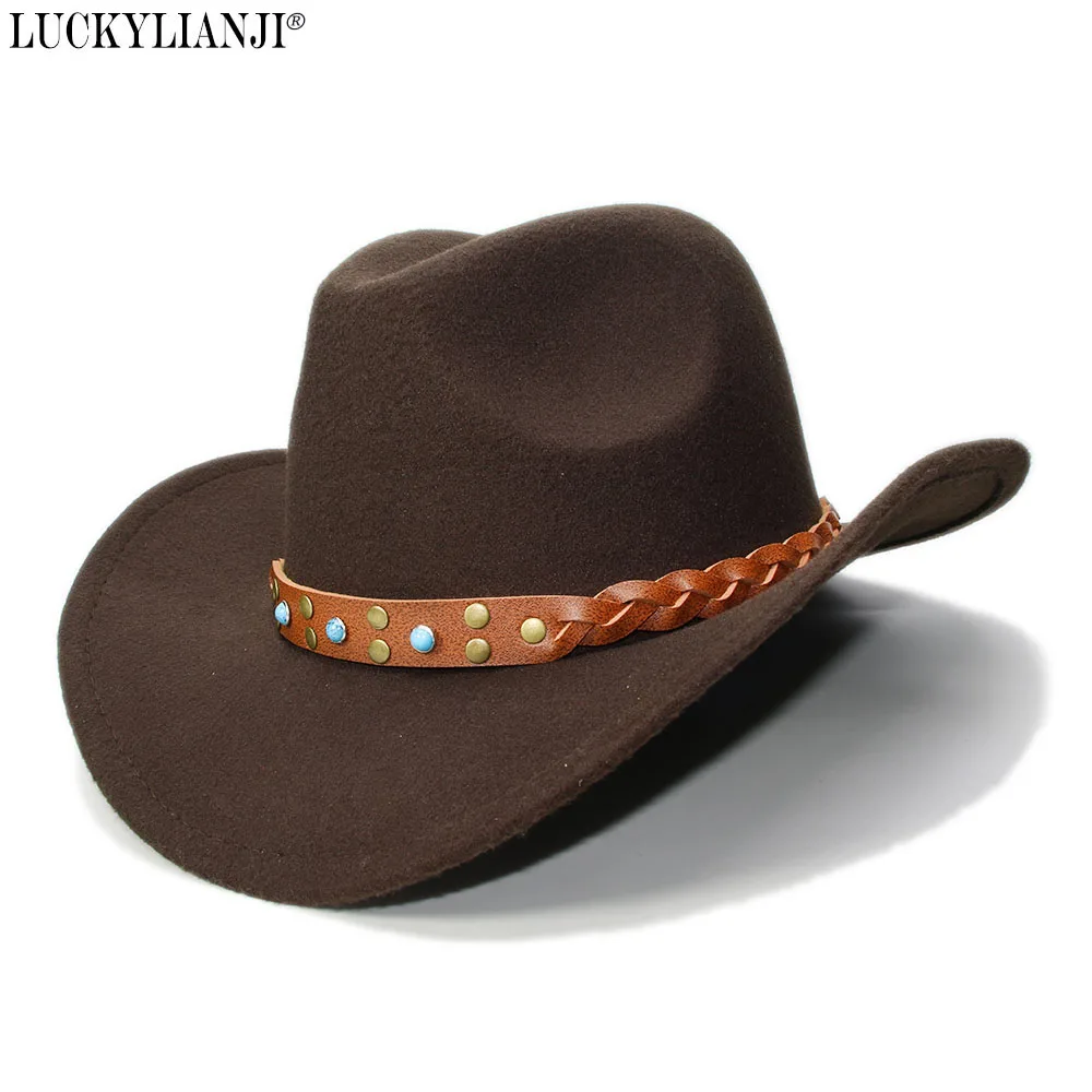 LUCKYLIANJI Kid Childre’s wełna filcowa zachodni kapelusz kowbojski z szerokim rondem Cowgirl plecione skórzane opaski (jeden rozmiar: 54cm)