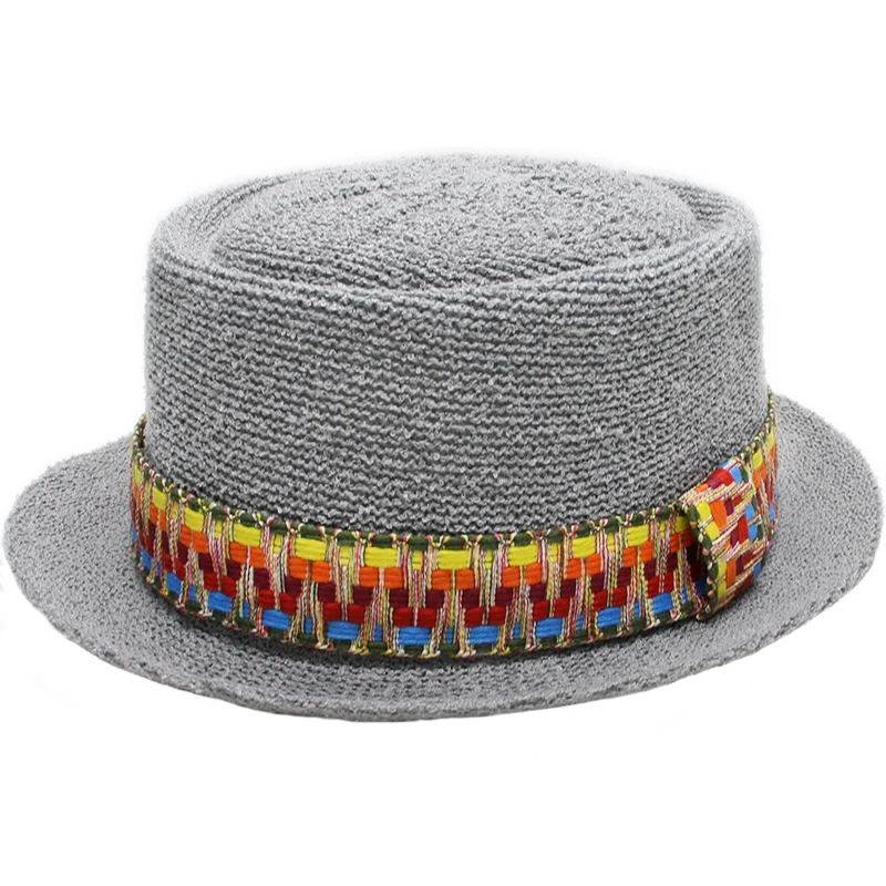 LUCKYLIANJI PorkPie damska męska Unisex poliestrowa kopuła płaska czapka słońce plaża Jazz wieprzowina kapelusz Vintage pleciona bransoletka (56-58cm)