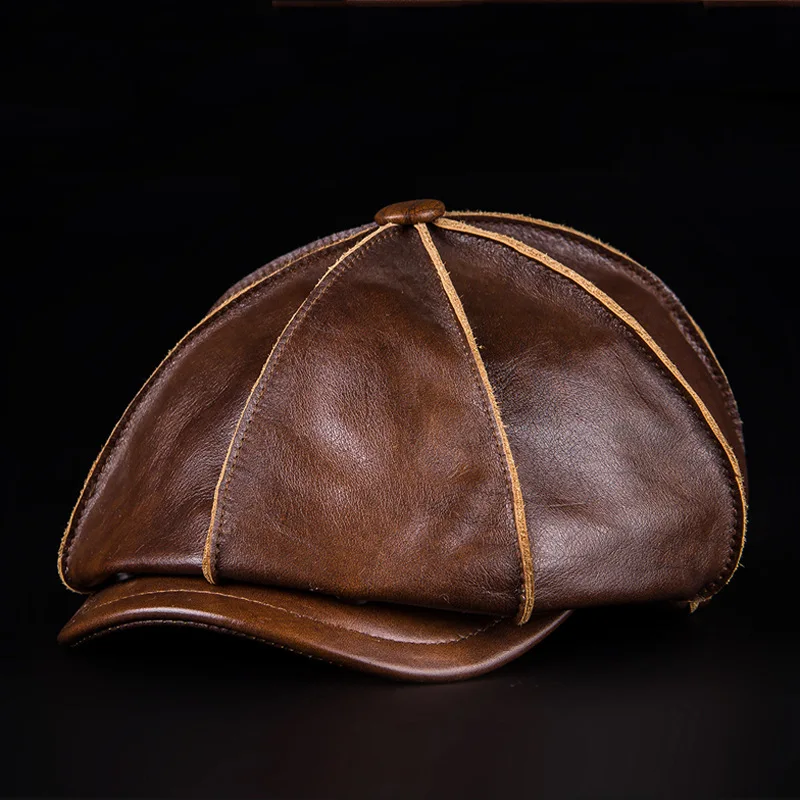 Męska czapka z prawdziwej skóry, ciepła, ośmiokątna, elegancka, regulowana, kaszkiet, beret ze skóry bydlęcej z daszkiem