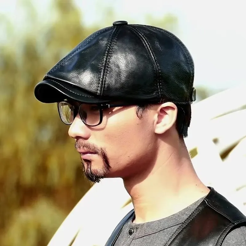 Męska zimowa moda: Beret ze skóry naturalnej, regulowany, z ciepłą bawełnianą wyściółką, skóra bydlęca, Boina Masculina w dwukolorowym wykroju