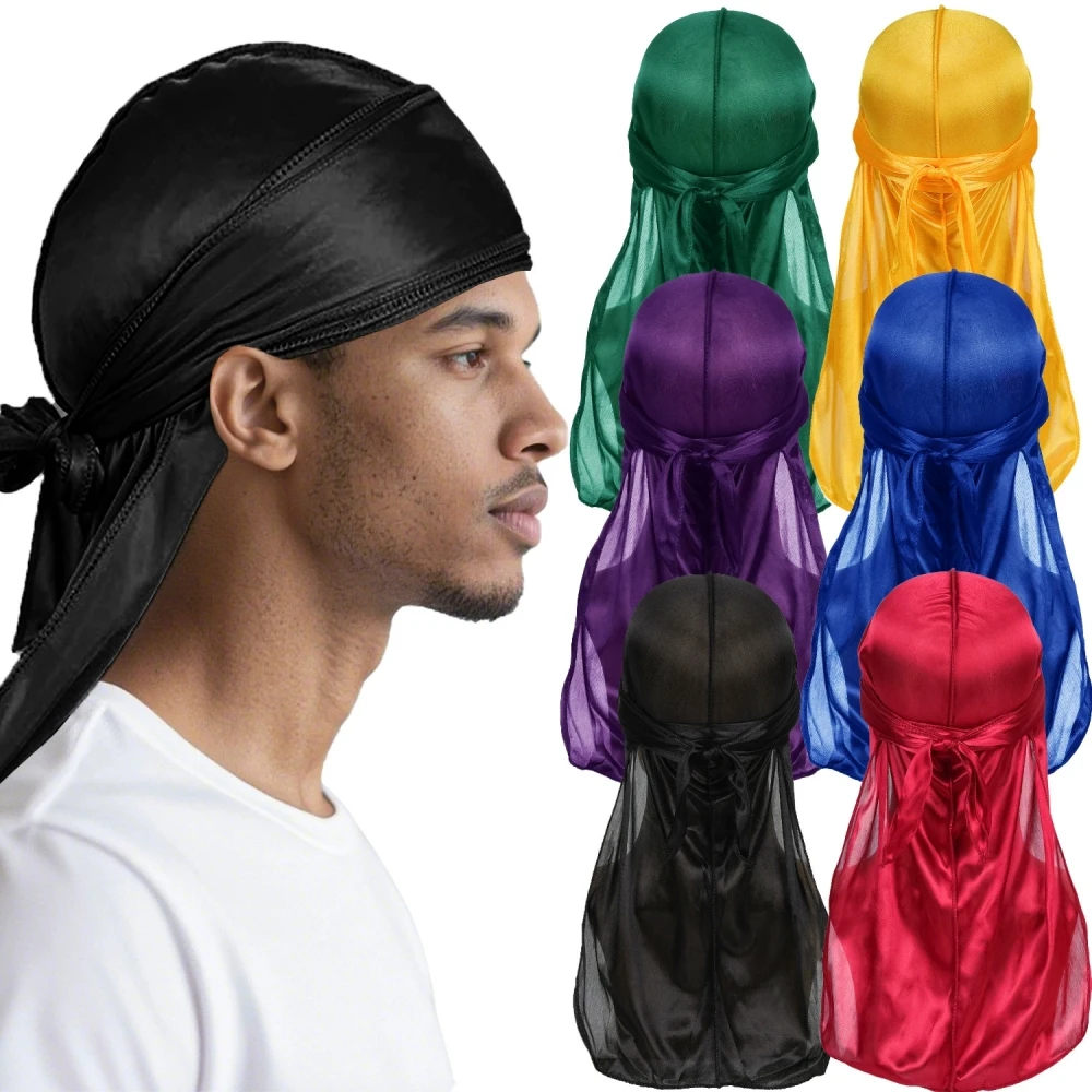 Męski jedwabny durag, czepek, bandana, jedwabista chusta na głowę, du rag, czapka z długim ogonkiem do fal