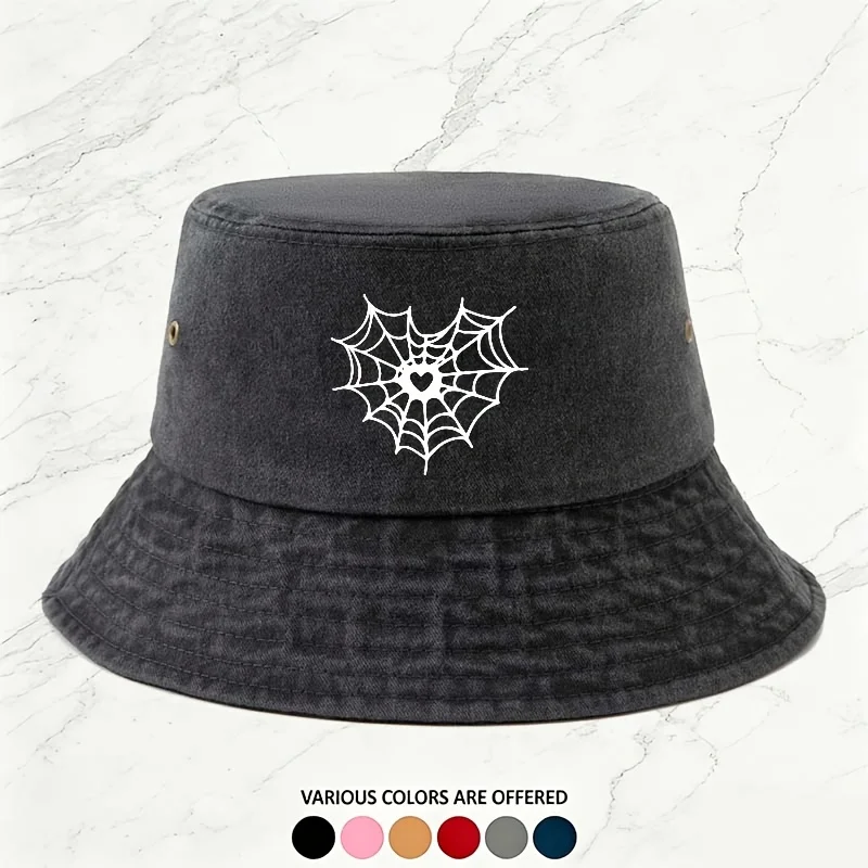 Męski kapelusz typu bucket z nadrukiem pająkowej sieci w kształcie serca, w stylu retro, uniwersalny, idealny na wiosnę i lato