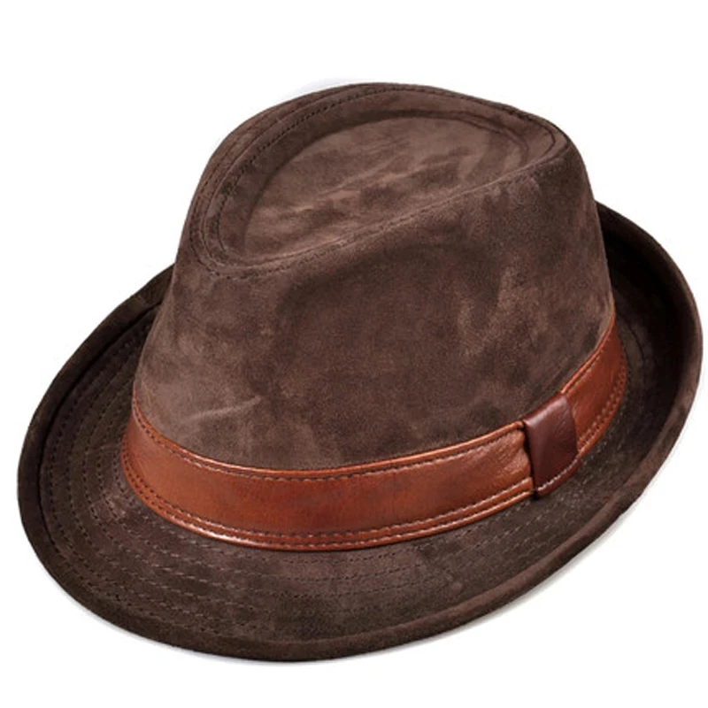 Mężczyźni Prawdziwa skóra Zamsz Skóra bydlęca Nubuk Brązowy Fedoras Kapelusze Kobiety Gentleman Mężczyzna Jazz Hip Pop Czapki 56-60cm Dopasowany kapelusz
