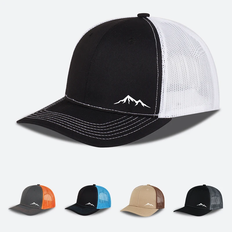 Minimalistyczna czapka typu trucker z górskim nadrukiem – Regulowana, unisexowa czapka przeciwsłoneczna z siatką, idealna na kemping, podróże, wędrówki i trekking