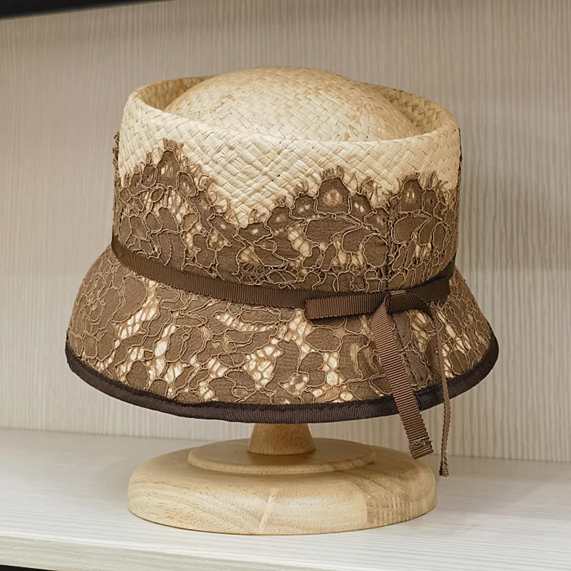 Modny japoński kapelusz typu bucket z koronkowymi ozdobami, elegancki damski kapelusz rybacki z kokardą, kapelusz z rafii chroniący przed słońcem, kapelusz plażowy z szerokim rondem, daszek przeciwsłoneczny