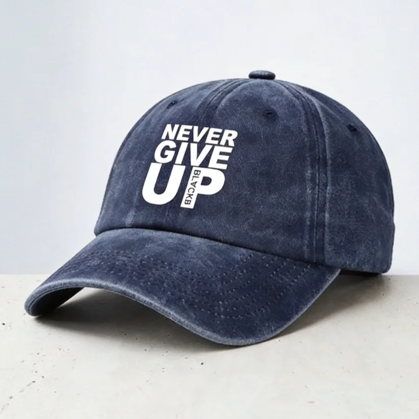 Motywacyjna czapka baseballowa męska z napisem Never Give Up, lekka, oddychająca, w stylu denim, regulowana, codzienna czapka przeciwsłoneczna typu snapback