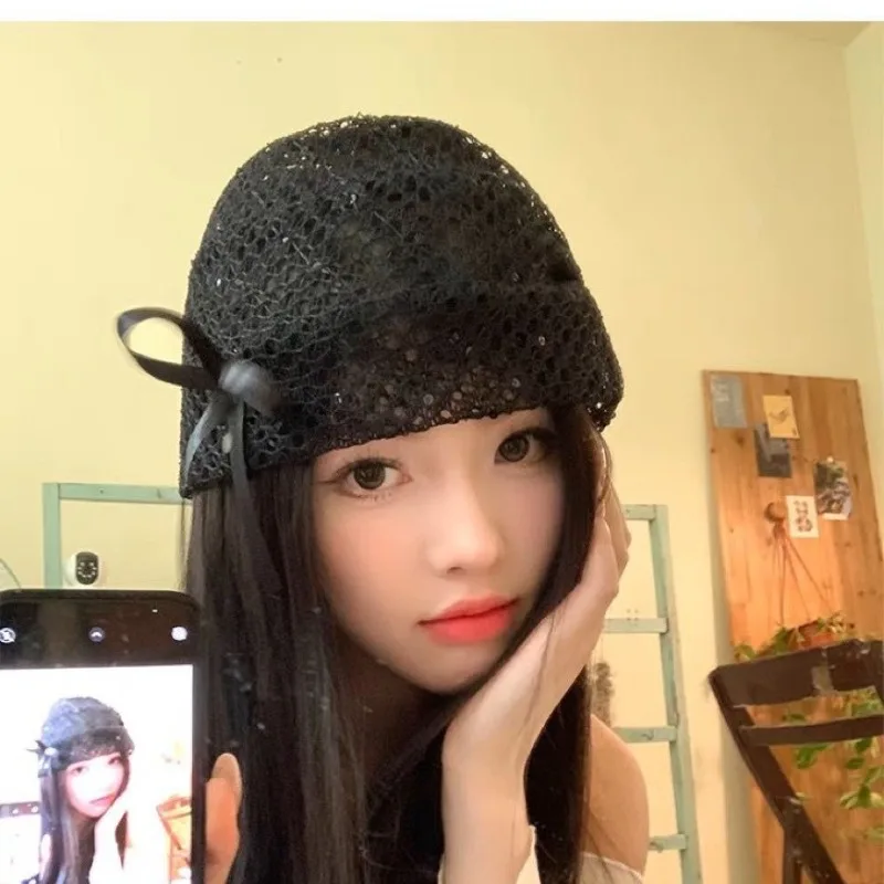 Niszowa czarna kokarda w stylu koreańskim, ażurowa, elastyczna czapka z wyszczuplającym efektem na twarz, mała koronkowa opaska w stylu spicy girl