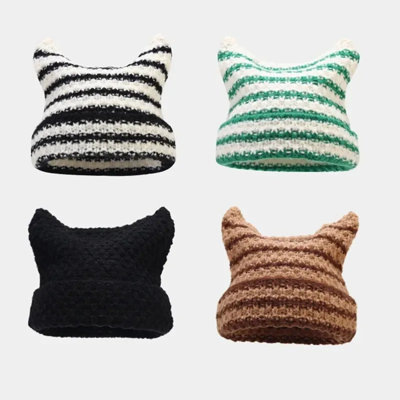 Nowa japońska czapka typu beanie w stylu Harajuku, dziergana czapka w paski z motywem małego diabła, damska, dziewczęca, jesienno-zimowa, urocza czapka z kocimi uszami