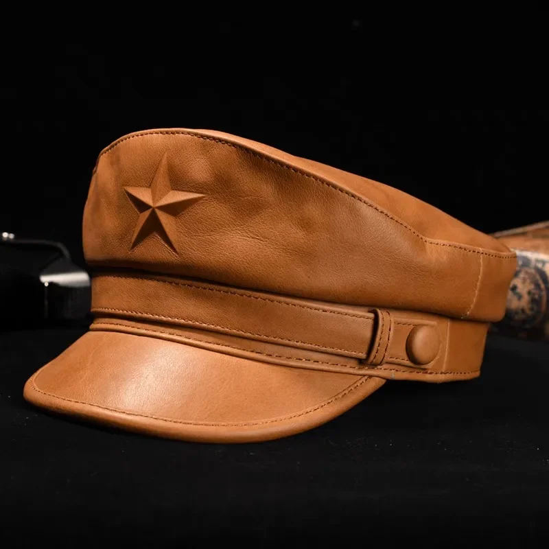 Nowatorska czapka wojskowa dla mężczyzn Retro płaskie czapki wojskowe dla mężczyzn prawdziwej skóry Cowskin czarne brązowe kapelusze europejski pas Chapeau