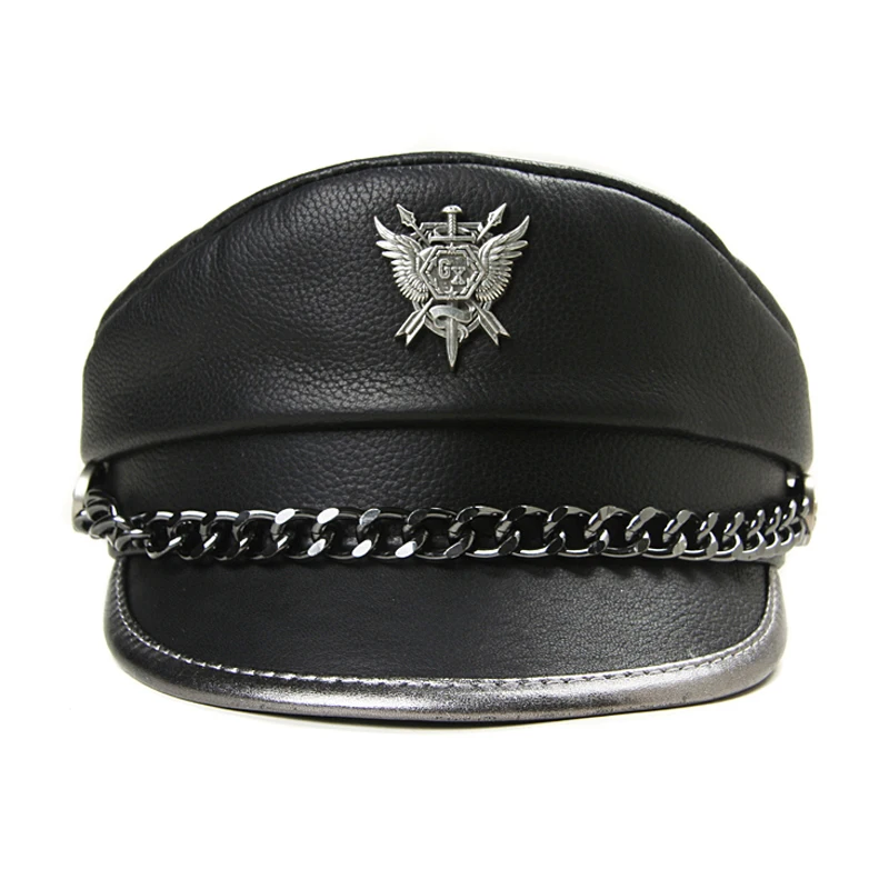 Nowość zimowa męska czapka z prawdziwej skóry męska płaska górna odznaka lokomotywa Retro czapki wojskowe studenci Punk korowa łańcuszek Gorra Nowość zimowa męska czapka z prawdziwej skóry męska płaska górna odznaka lokomotywa Retro czapki wojskowe studenci Punk korowa łańcuszek Gorra