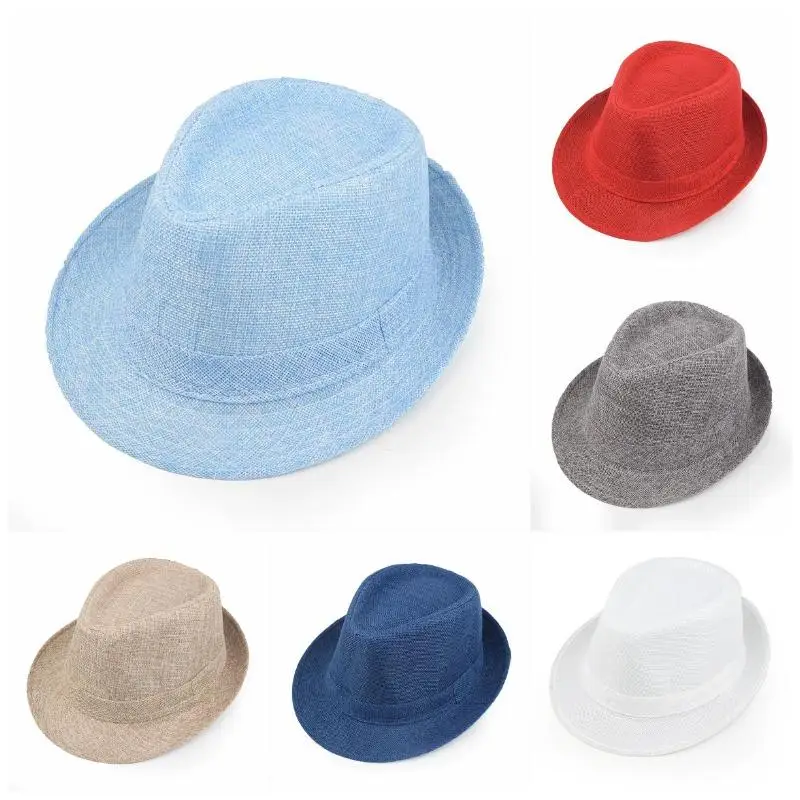 Nowy letni lniany kapelusz fedora jazzowy w stylu brytyjskim unisex, słomkowy kapelusz plażowy chroniący przed słońcem, kapelusz przeciwsłoneczny w stylu koreańskim