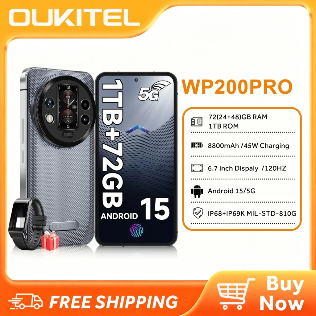 OUKITEL WP200 Pro Android 15 Wytrzymały Telefon 5G Odblokowany – 72GB RAM+1TB ROM