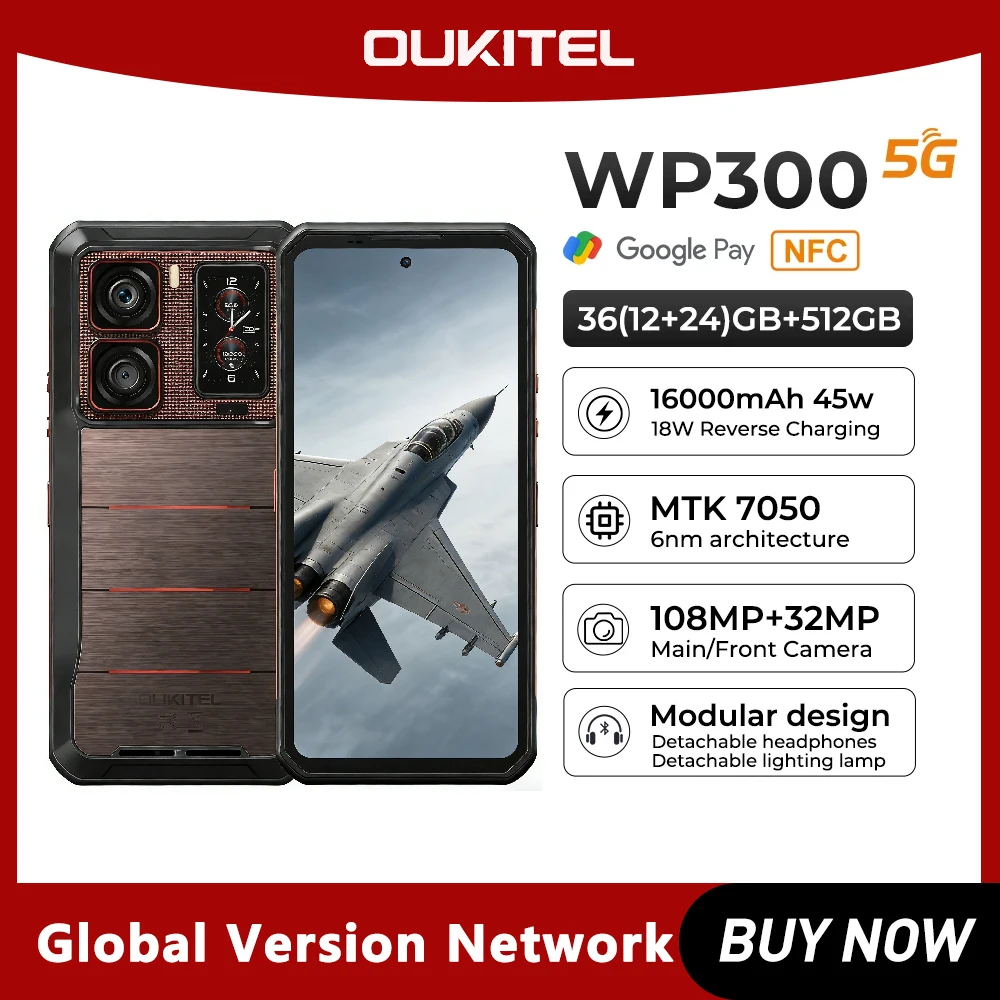 Oukitel WP300 Wytrzymały Telefon 16000mAh 36GB（12+24）GB+512GB Modułowe, odłączane