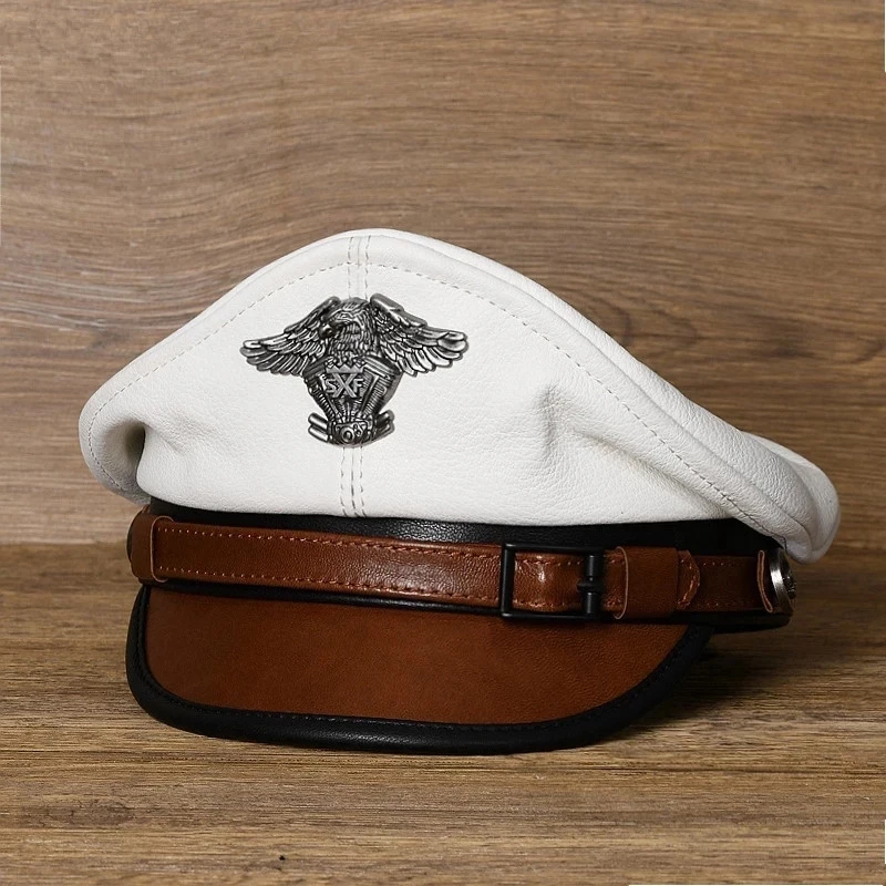 Retro Granatowa Czapka Żeglarska z Daszkiem Niemieckie Czapki Wojskowe Męskie Skórzane Szare Czapki z Płaskim Daszkiem Europejski Chapeau