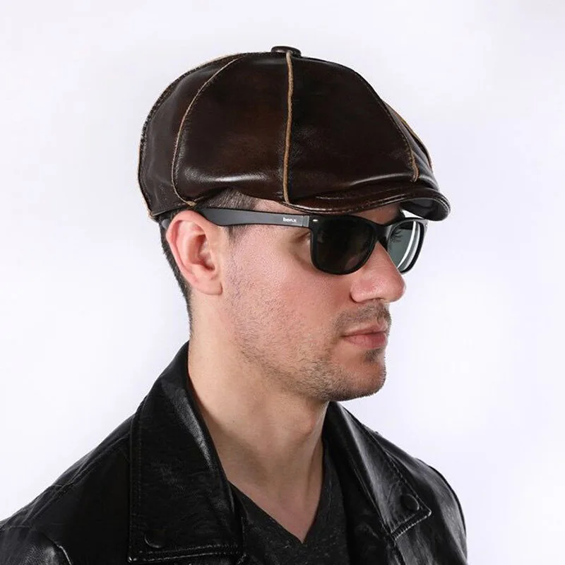 Retro ośmiokątna czapka z prawdziwej skóry jesienna ciepła męska skóra bydlęca Beret elegancka moda studencka czapka z językiem czapki ucho