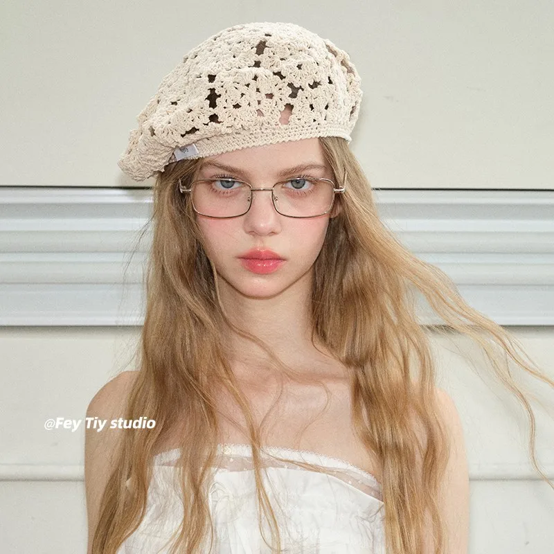 Retro szykowny, ręcznie robiony beret damski – ażurowa wełniana czapka w stylu japońskim, modny beret streetwearowy dla odważnych dziewczyn, artystyczny beret