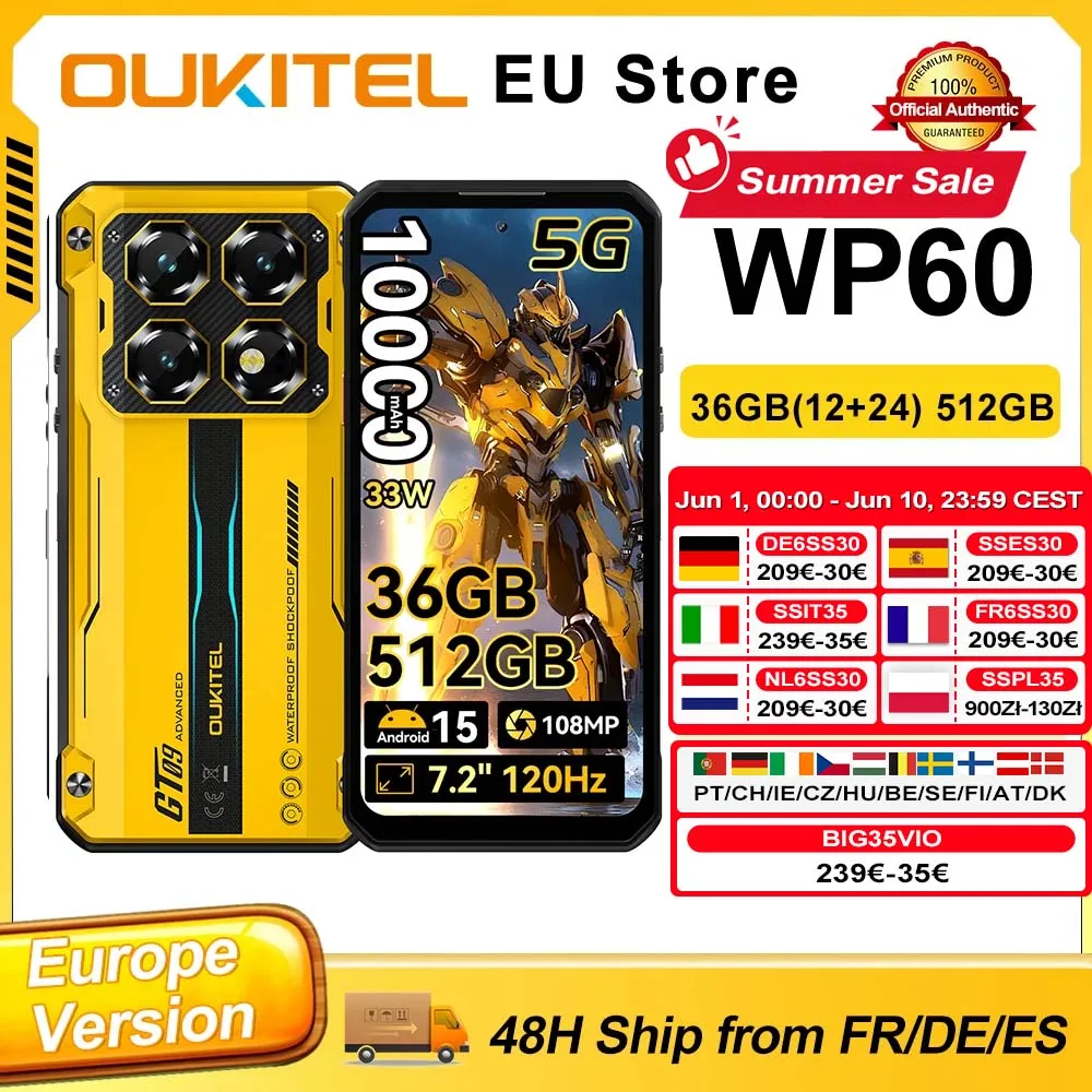 Smartfon OUKITEL WP60 7,2” HD+ 120 Hz, wyświetlacz 36 GB (12 + 24), pamięć RAM – 5G