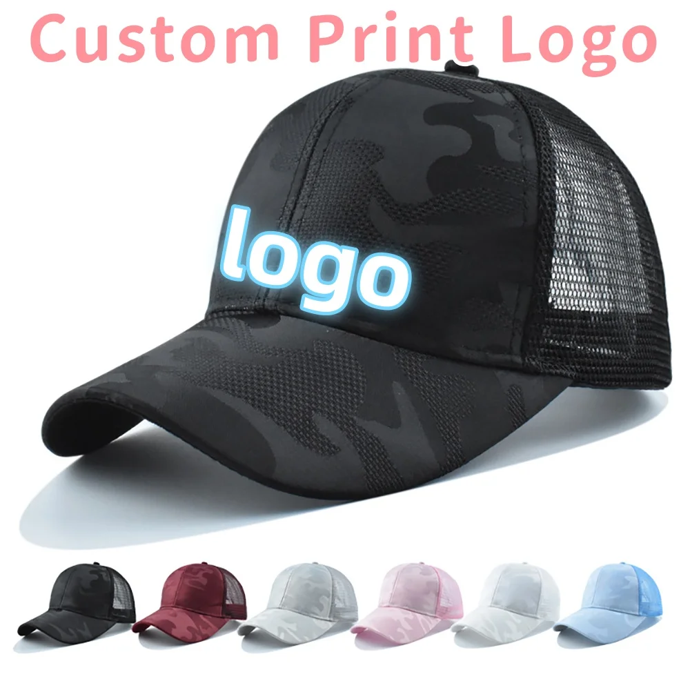 Spersonalizowane czapki z daszkiem z nadrukiem logo, letnie, oddychające, z siateczki, kamuflażowe, przeciwsłoneczne, dla mężczyzn i kobiet, regulowane, typu snapback, czapki sportowe