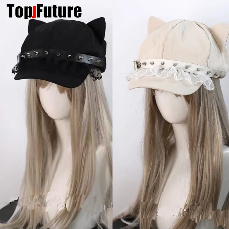Streetwear Lace Ruffle Customized Women Harajuku Gothic Lolita Beret hat Cap Y2K Girl Cat ear Steampunk Punk Spike Sun hats