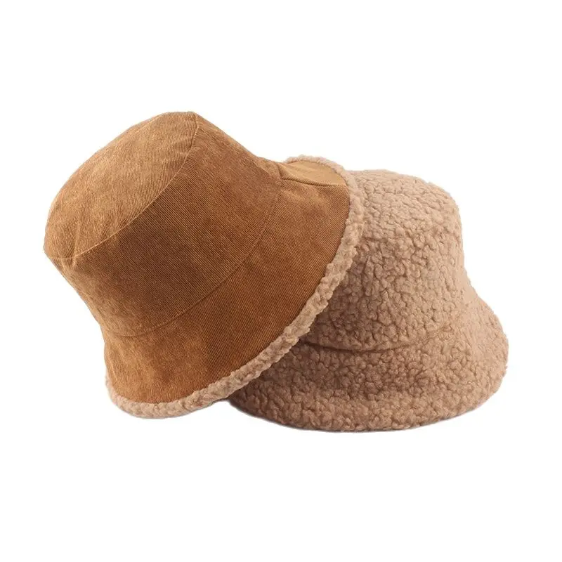 Unisex Harajuku sztruksowy kapelusz typu Bucket mężczyźni dwustronny kapelusz rybaka jesienno-zimowa wełna jagnięca Outdoor ciepła czapka typu Panama dla kobiet
