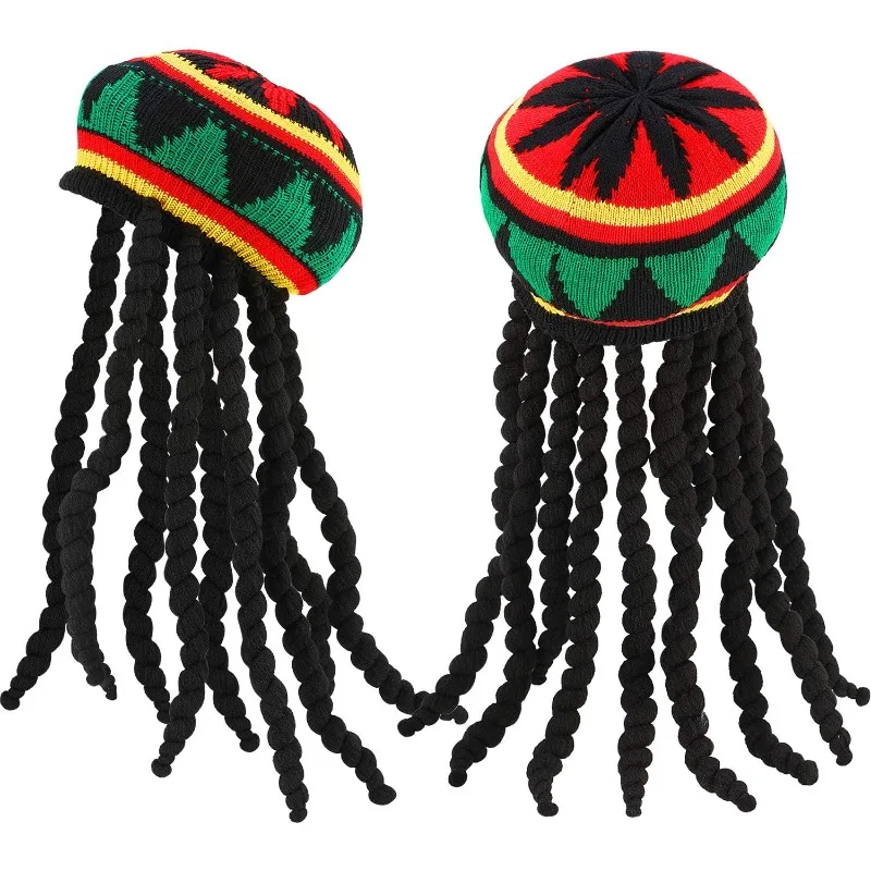Unisexowa czapka dziergana z warkoczem, jamaicka czapka bob rasta, czapka hip-hopowa, męska peruka dredy bob marley, karibskie przebranie, nakrycie głowy