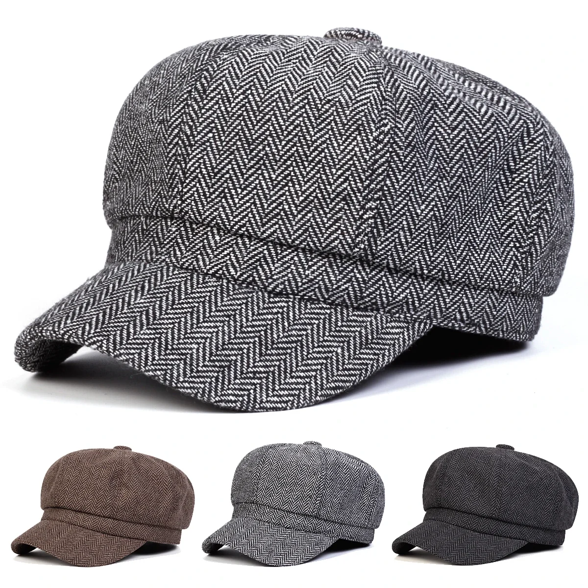 Unisexowa czapka typu newsboy w jodełkę, wiosenno-jesienna, retro beret, swobodna czapka ośmiokątna
