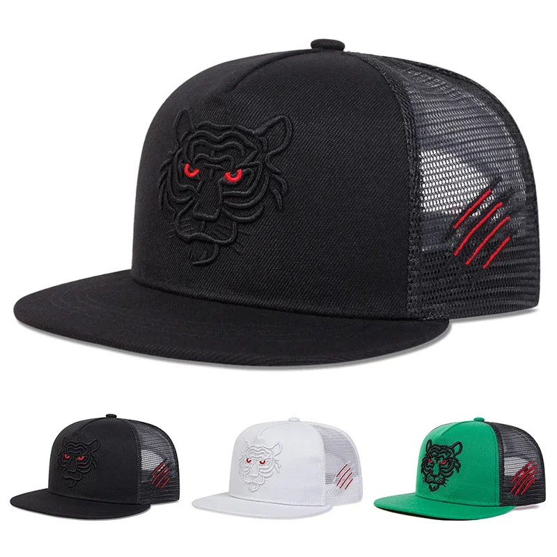 Unisexowe czapki z daszkiem z haftem tygrysa, w stylu hip-hop, z siatką, na wiosnę i lato, regulowane, sportowe, codzienne czapki baseballowe, czapki przeciwsłoneczne