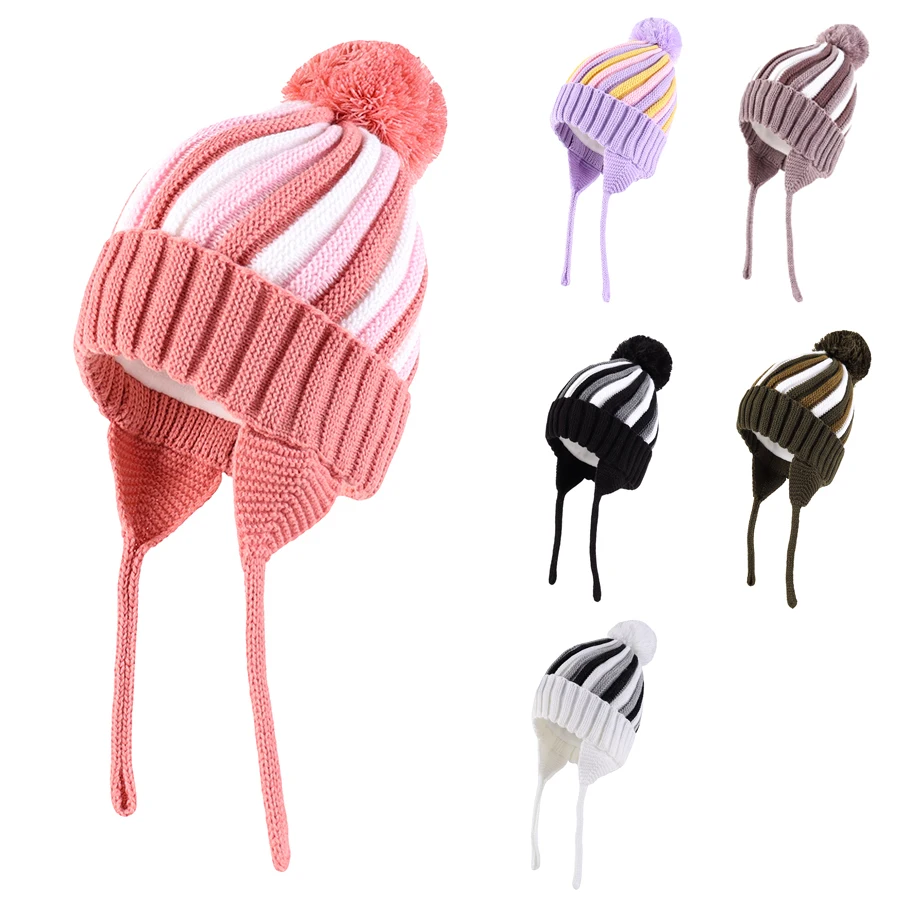 Urocza zimowa czapka dla niemowląt z pomponami, dziergana ciepła czapka z uszami dla chłopców i dziewczynek, ocieplana polarem czapka typu beanie dla małych dzieci Urocza zimowa czapka dla niemowląt z pomponami, dziergana ciepła czapka z uszami dla chłopców i dziewczynek, ocieplana polarem czapka typu beanie dla małych dzieci