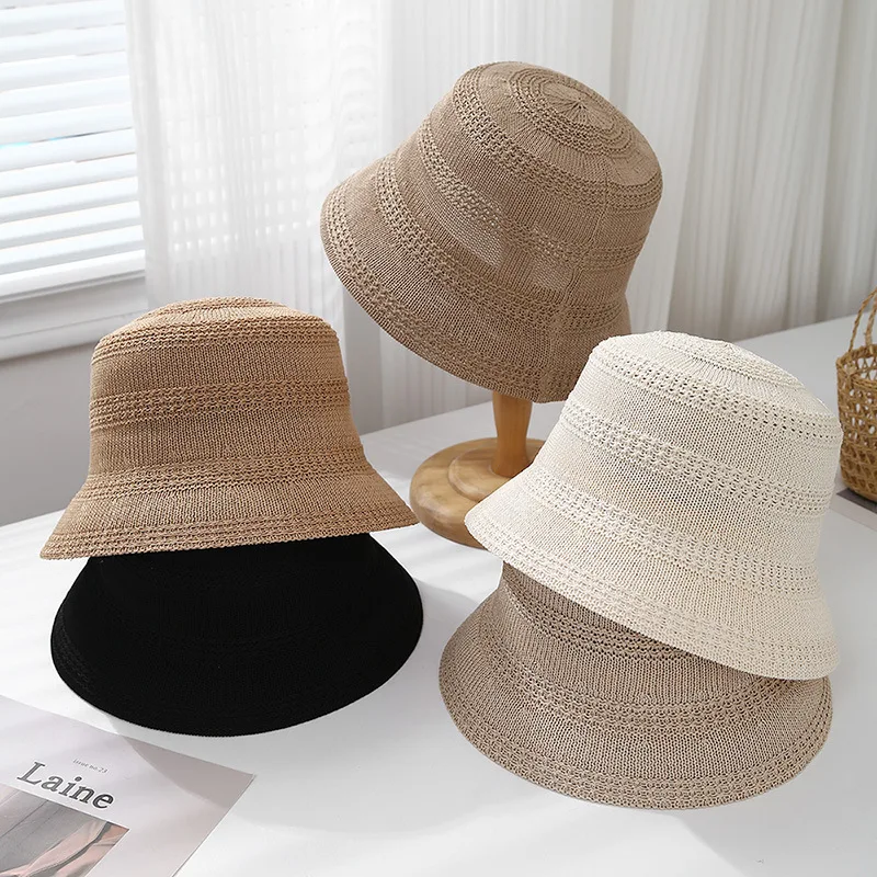 Wiosna letni kapelusz damski Hollow oddychający, dzianinowy kapelusz typu Bucket Casual parasolka Sunhat jednolita prosta 2025 nowa czapka Bob kobieta
