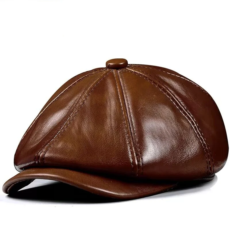 Wiosna nowa czapka z prawdziwej skóry czapka Beret ze skóry bydlęcej ciepła bawełniana męska wyściółka marka brązowa/czarna czapka z kaczką Wiosna nowa czapka z prawdziwej skóry czapka Beret ze skóry bydlęcej ciepła bawełniana męska wyściółka marka brązowa/czarna czapka z kaczką