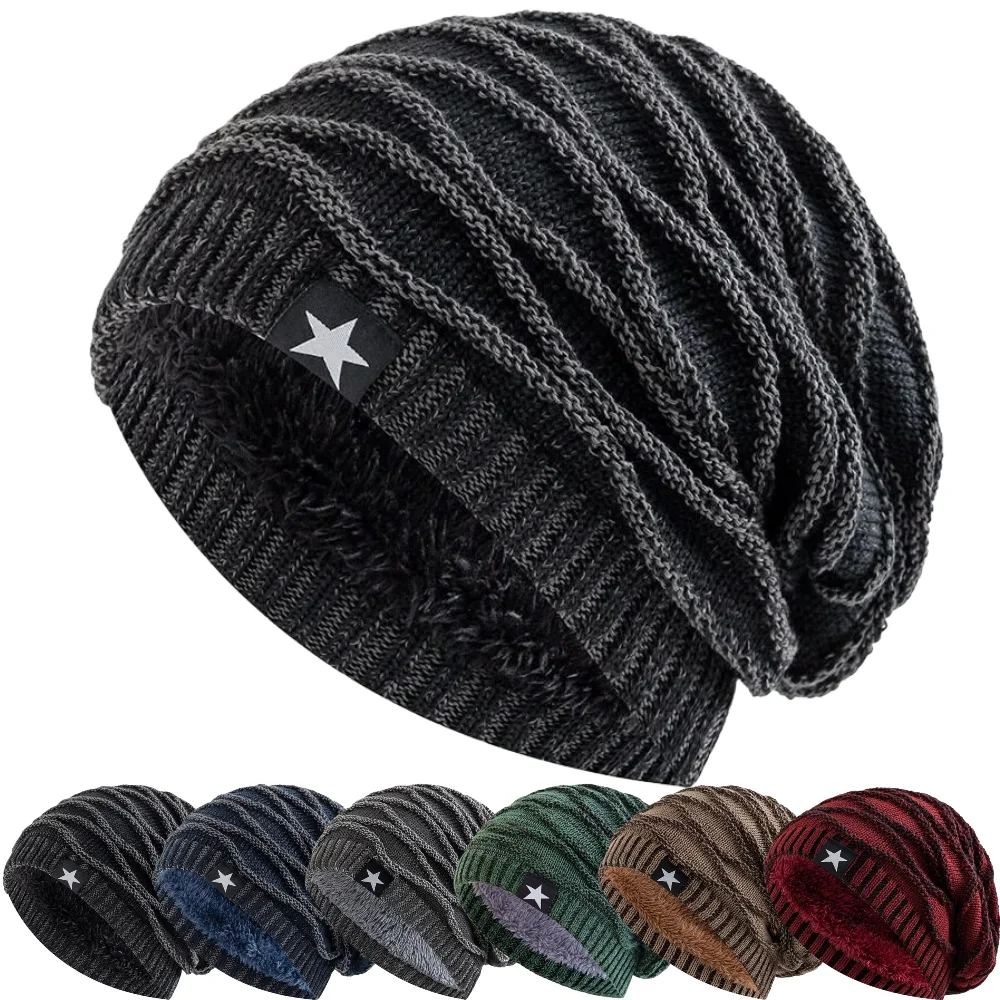 Wyprzedaż Unisexowe Ciepłe Zimowe Czapki typu Slouchy Męskie Damskie Czapki Beanie z Ozdobą w Kształcie Pięcioramiennej Gwiazdy Zimowe Czapki Dzianinowe