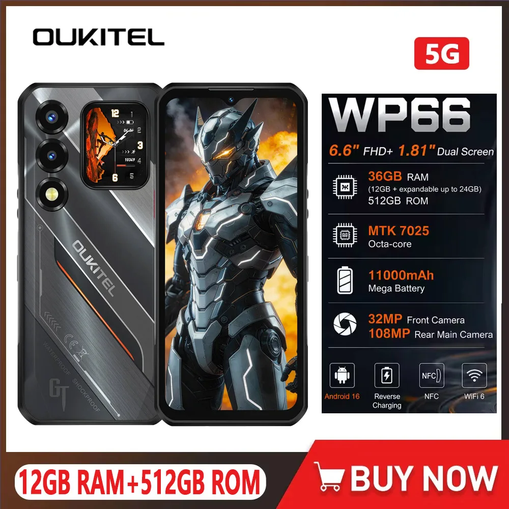 Wytrzymały smartfon OUKITEL WP66 5G, 11000mAh, 12GB+512GB, 6.6 – Android 16, 108MP