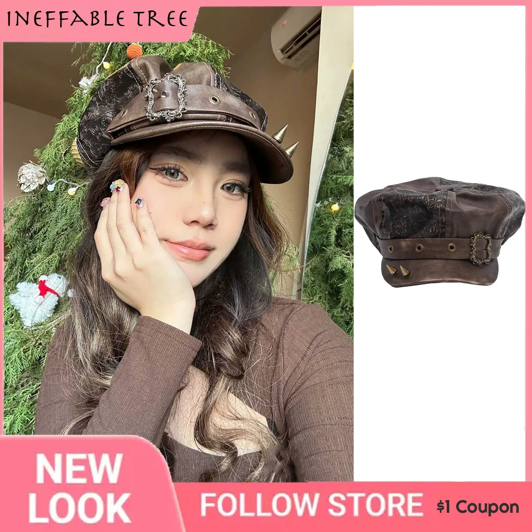 Y2K Steampunk PU Leather Military Hat Punk Retro Old Rivet Casquette Baker Boy Cap Peaked Octagonal Caps for Men Women Gorro