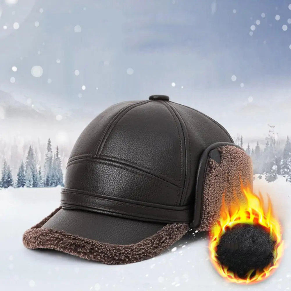 Zimowa czapka bejsbolówka męska ze skóry PU, czapka typu bomber dla mężczyzn w średnim i starszym wieku, czapka dla taty z nausznikami, grubsza, ciepła, wiatroodporna czapka z daszkiem, utrzymująca ciepło