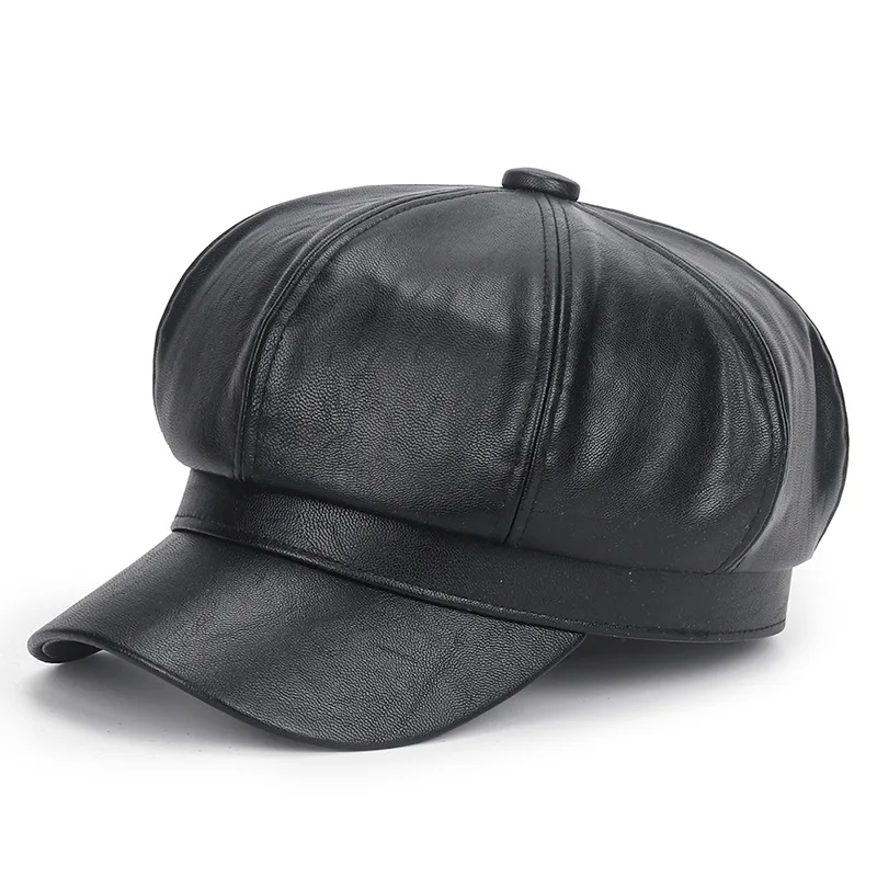 Zimowa czarna czapka z ekoskóry dla kobiet, vintage hip-hopowa czapka typu trucker, modna, codzienna beretka, ośmiokątna czapka Zimowa czarna czapka z ekoskóry dla kobiet, vintage hip-hopowa czapka typu trucker, modna, codzienna beretka, ośmiokątna czapka
