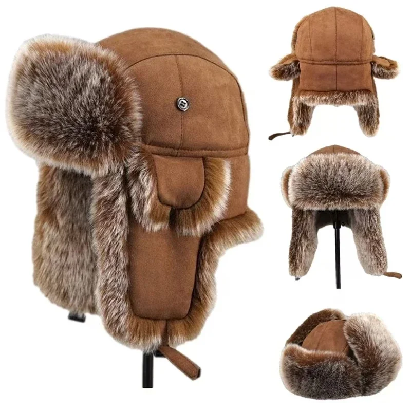 Zimowe pluszowe czapki bomberki dla kobiet mężczyzn imitacja sztucznego futra rosyjska czapka Ushanka Northeast Cap Unisex Warm Snow Bonnet Earflap Hats
