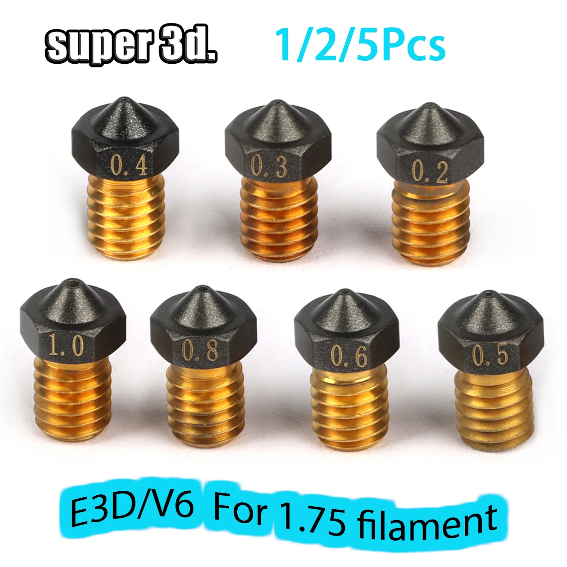 1/2/5Pcs V6 PTFE dysza mosiężna M6 gwintowana 0.2/0.3/0.4/0.5/0.6/0.8/1.0mm do drukarki 3D 1.75mm E3D V6 dysza…